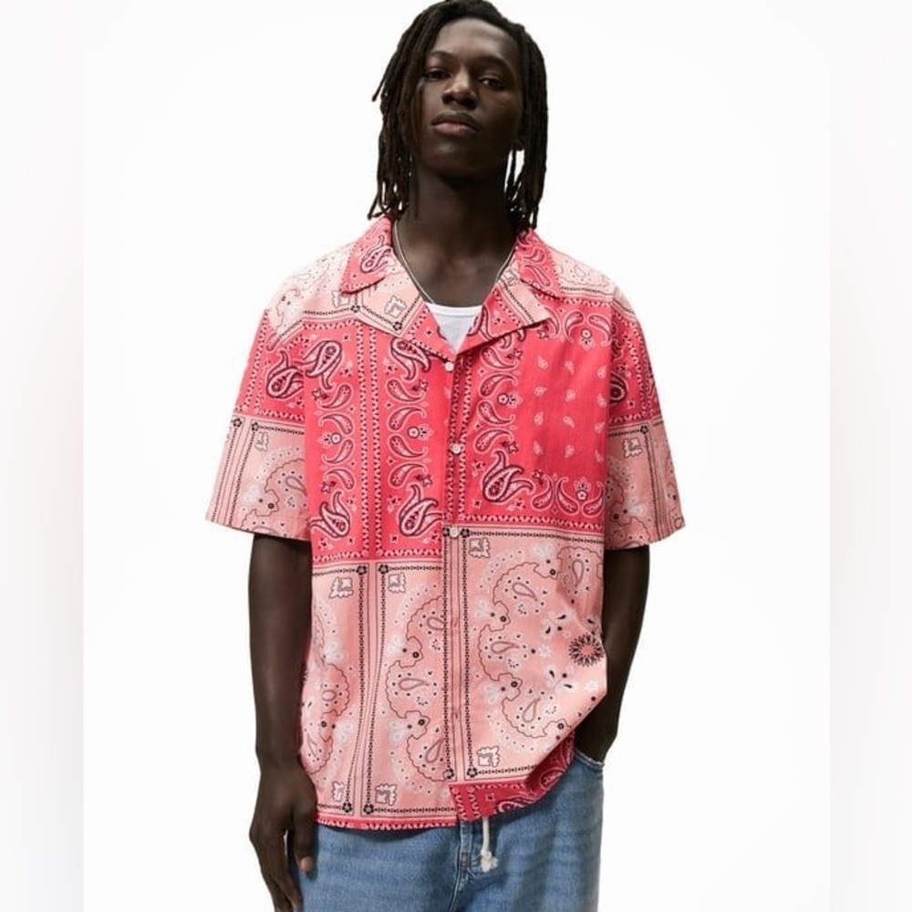 ZARA Men's Pink White Bandana Button Up Shirt Medium